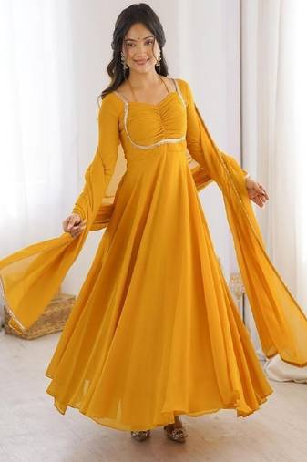 Dark yellow anarkali gown with dupatta