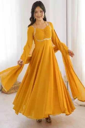 Dark yellow anarkali gown with dupatta