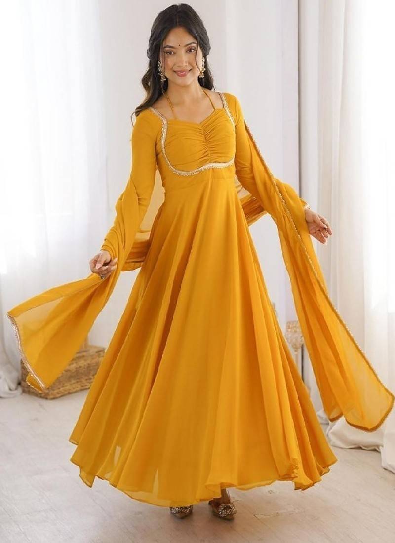 Dark yellow anarkali gown with dupatta