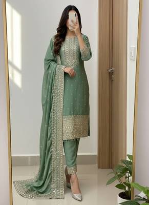 Sage green embroidered straight suit set 1