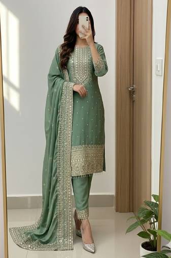 Sage green embroidered straight suit set