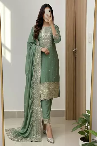 Sage green embroidered straight suit set