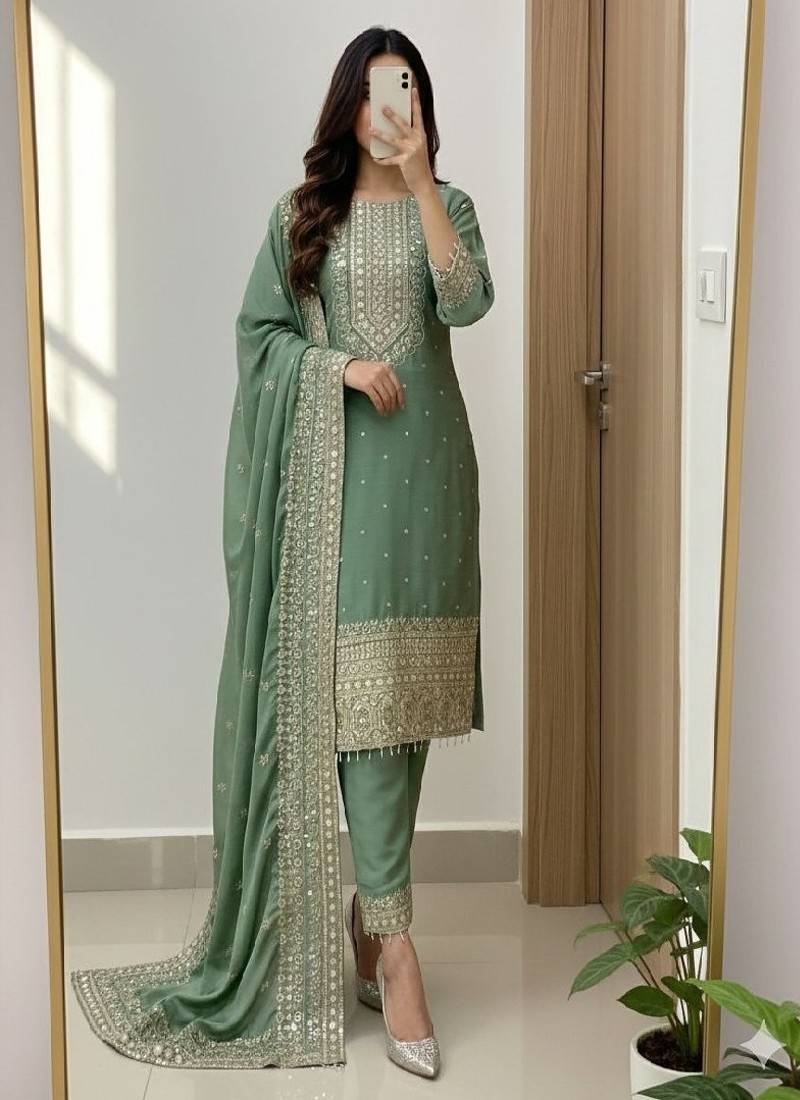 Sage green embroidered straight suit set