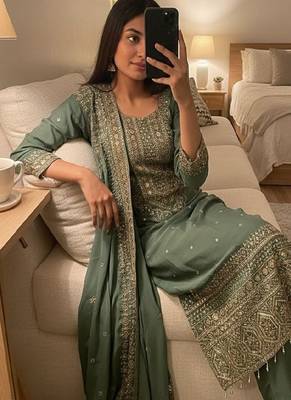 Sage green embroidered straight suit set 2