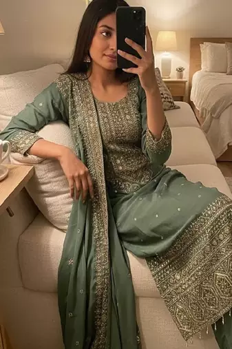 Sage green embroidered straight suit set