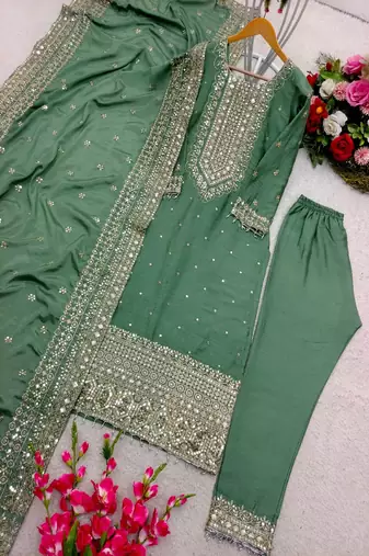 Sage green embroidered straight suit set