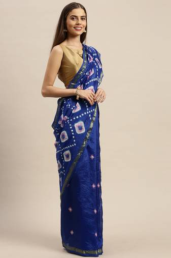 Blue Hand Dyed Bandhani Art Silk With Zari Border Saree