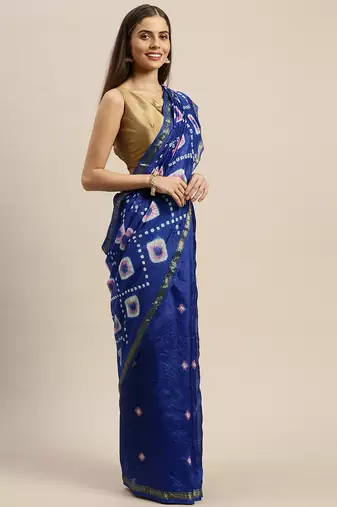 Blue Hand Dyed Bandhani Art Silk With Zari Border Saree