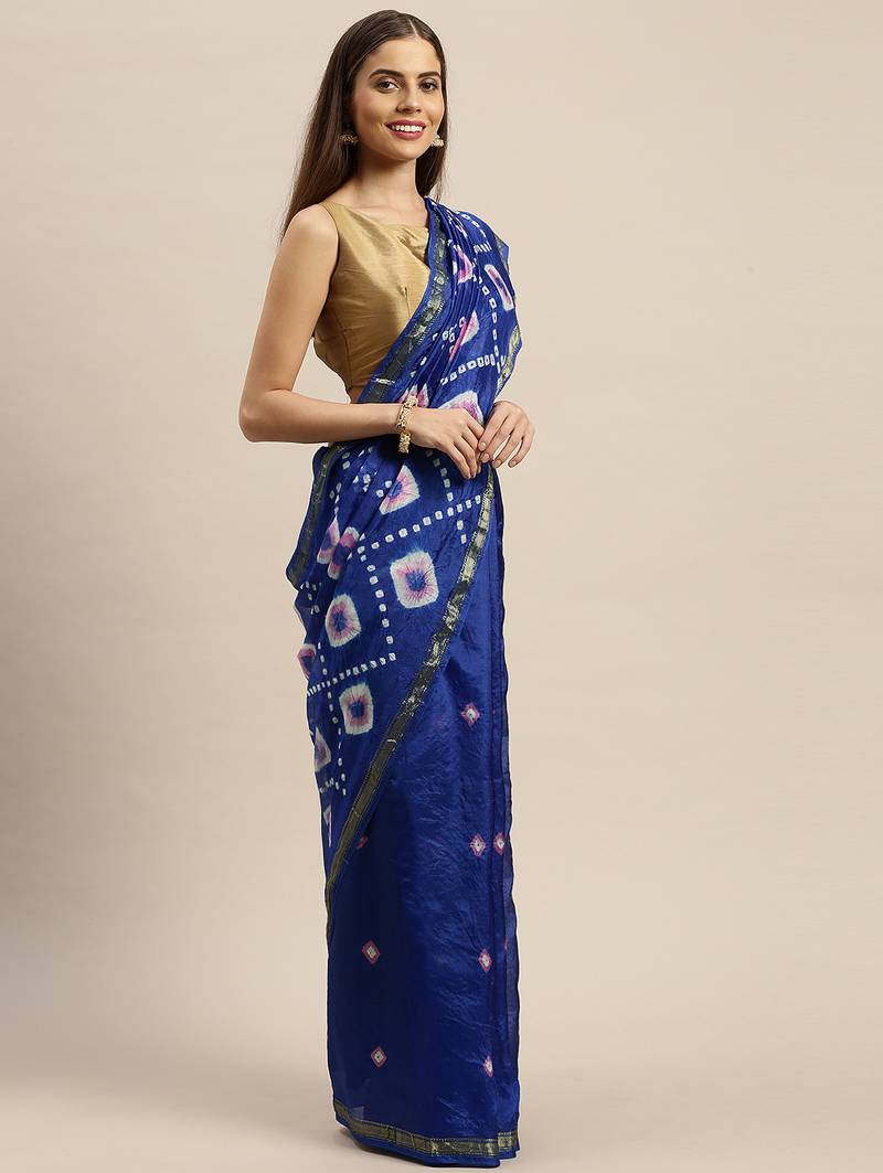 Blue Hand Dyed Bandhani Art Silk With Zari Border Saree