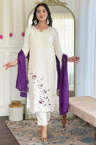 Women's white viscose rayon embroidered kurta pant set with chinon dupatta