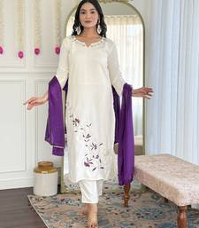 Women's white viscose rayon embroidered kurta pant set with chinon dupatta