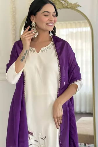 Women's white viscose rayon embroidered kurta pant set with chinon dupatta