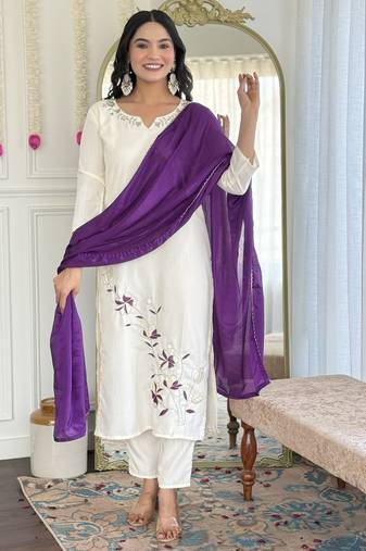 Women's white viscose rayon embroidered kurta pant set with chinon dupatta