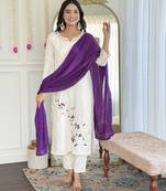 Women's white viscose rayon embroidered kurta pant set with chinon dupatta