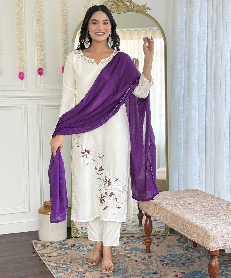 Women's white viscose rayon embroidered kurta pant set with chinon dupatta