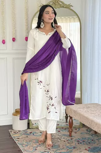 Women's white viscose rayon embroidered kurta pant set with chinon dupatta