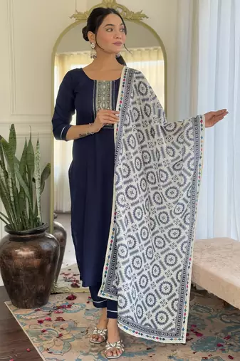 Women's navy blue viscose rayon embroidered kurta pant set with printed muslin dupatta