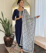 Women's navy blue viscose rayon embroidered kurta pant set with printed muslin dupatta