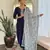 Women's navy blue viscose rayon embroidered kurta pant set with printed muslin dupatta