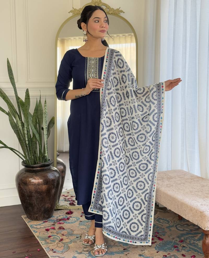 Women's navy blue viscose rayon embroidered kurta pant set with printed muslin dupatta