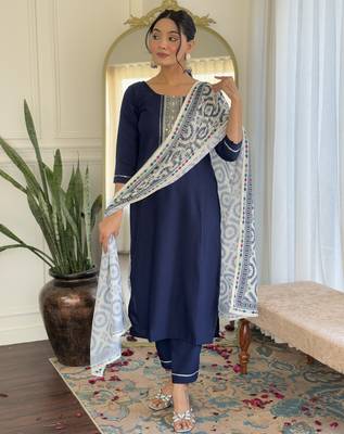 Women's navy blue viscose rayon embroidered kurta pant set with printed muslin dupatta 2