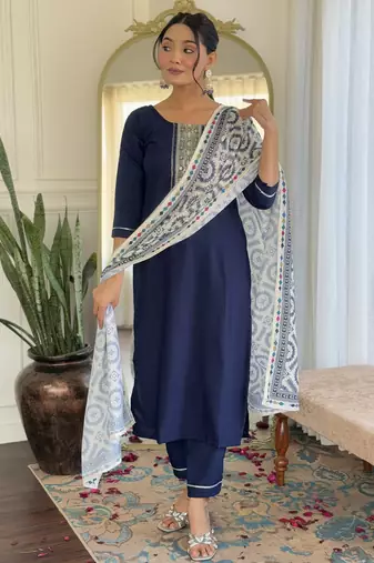 Women's navy blue viscose rayon embroidered kurta pant set with printed muslin dupatta