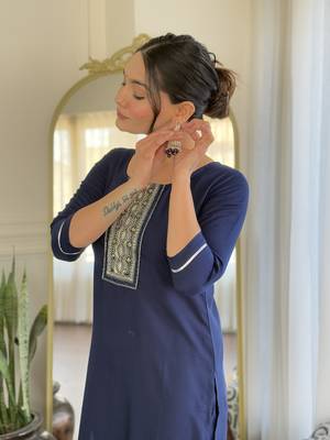 Women's navy blue viscose rayon embroidered kurta pant set with printed muslin dupatta 4