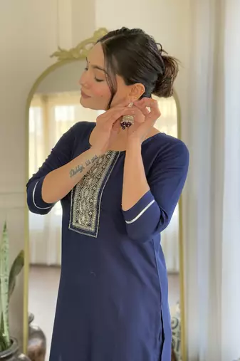 Women's navy blue viscose rayon embroidered kurta pant set with printed muslin dupatta
