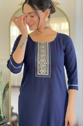 Women's navy blue viscose rayon embroidered kurta pant set with printed muslin dupatta