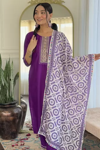 Women's purple viscose rayon embroidered kurta pant set with printed muslin dupatta
