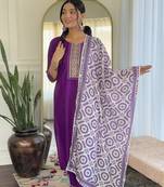 Women's purple viscose rayon embroidered kurta pant set with printed muslin dupatta
