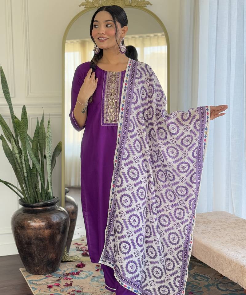 Women's purple viscose rayon embroidered kurta pant set with printed muslin dupatta