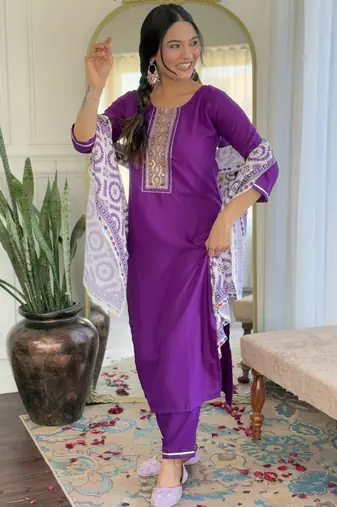 Women's purple viscose rayon embroidered kurta pant set with printed muslin dupatta