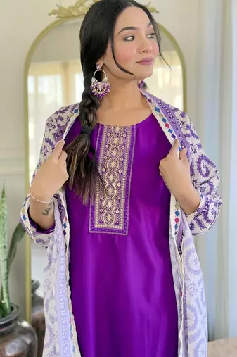 Women's purple viscose rayon embroidered kurta pant set with printed muslin dupatta