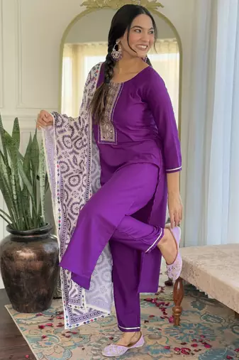 Women's purple viscose rayon embroidered kurta pant set with printed muslin dupatta