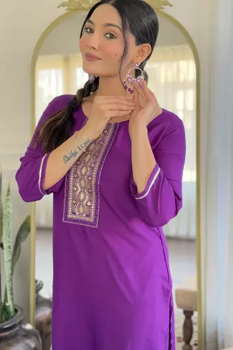 Women's purple viscose rayon embroidered kurta pant set with printed muslin dupatta