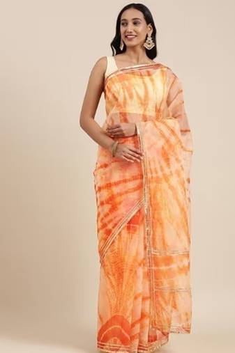 Peach Shibori Print Organza Saree