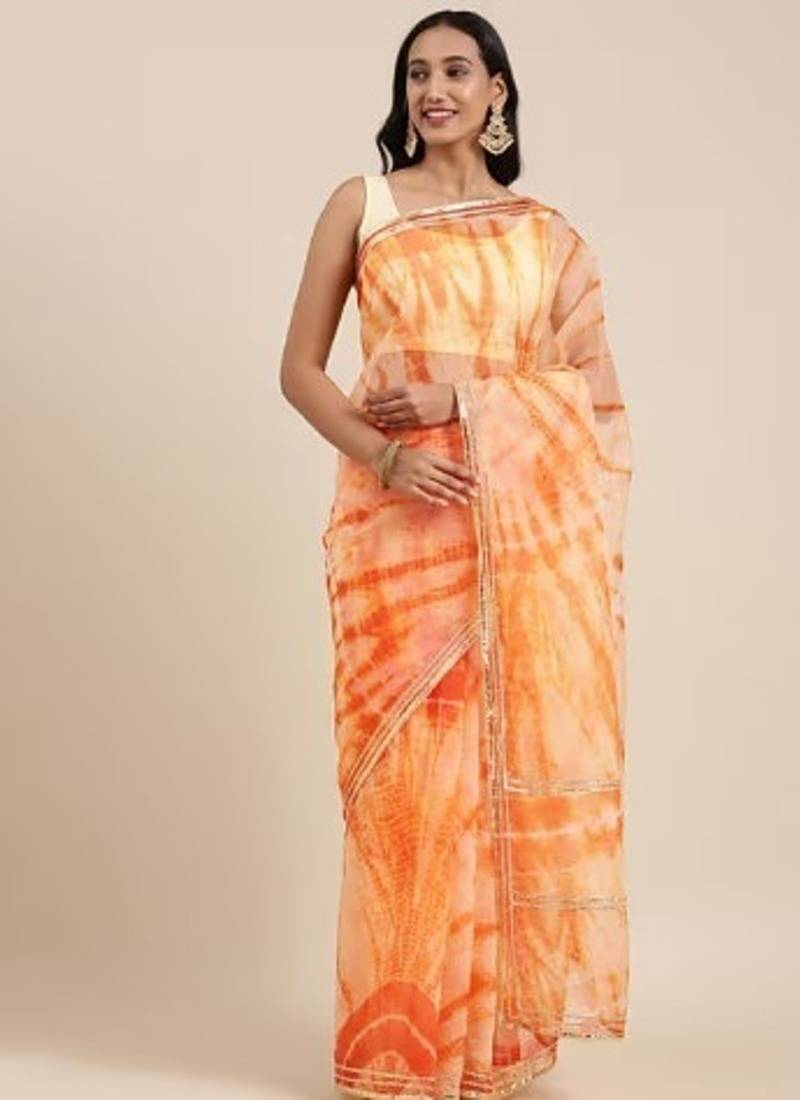 Peach Shibori Print Organza Saree