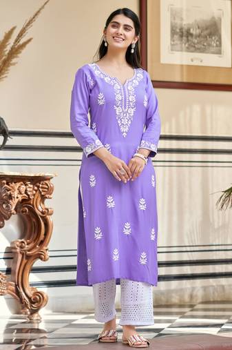 Women's purple rayon sequin embroidered kurta with cotton schiffley pant