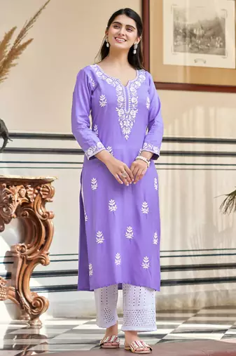 Women's purple rayon sequin embroidered kurta with cotton schiffley pant