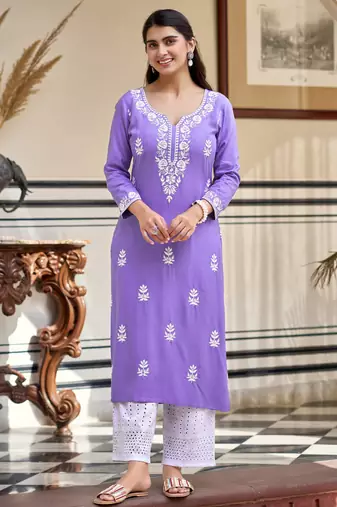 Women's purple rayon sequin embroidered kurta with cotton schiffley pant