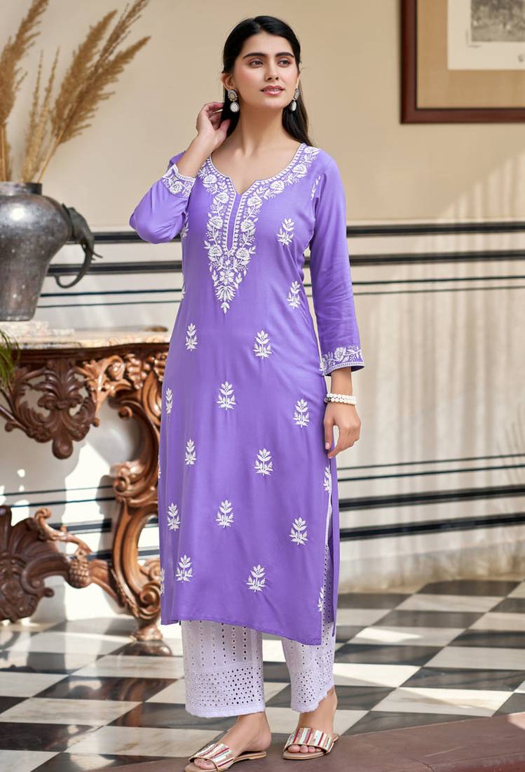 Women's purple rayon sequin embroidered kurta with cotton schiffley pant