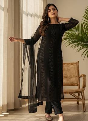 Women's black faux georgette sequin embroidered kurta pant set with net dupatta 5