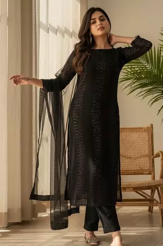 Women's black faux georgette sequin embroidered kurta pant set with net dupatta
