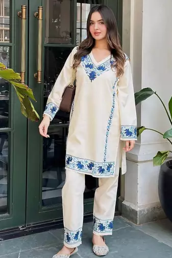 women pure cotton embroidery white kurta with pant