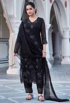 Women's black georgette sequin embroidered kurta pant set with georgette dupatta 1