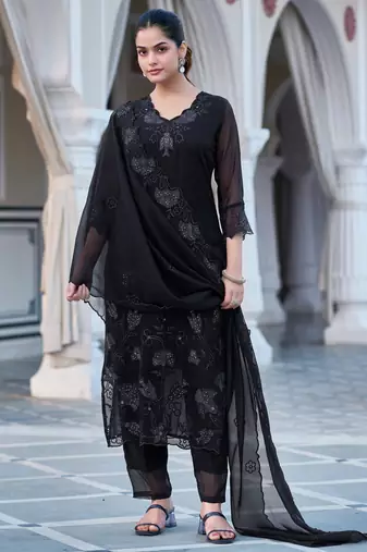 Women's black georgette sequin embroidered kurta pant set with georgette dupatta