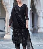 Women's black georgette sequin embroidered kurta pant set with georgette dupatta