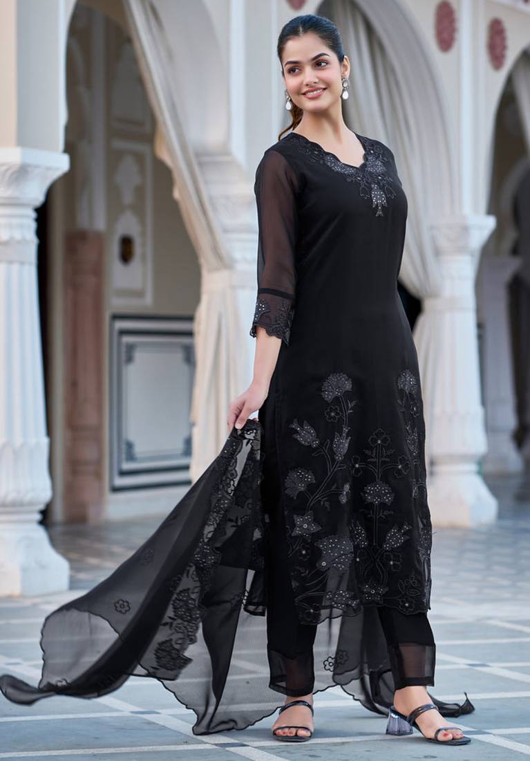 Women's black georgette sequin embroidered kurta pant set with georgette dupatta