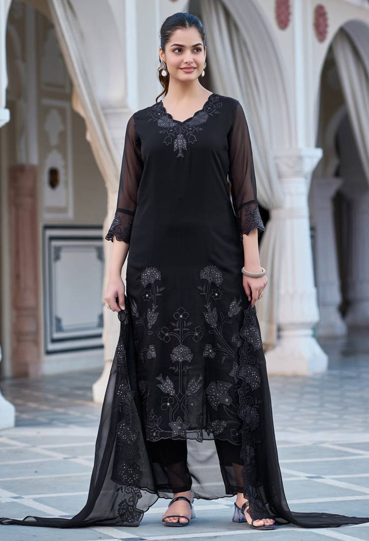 Women's black georgette sequin embroidered kurta pant set with georgette dupatta